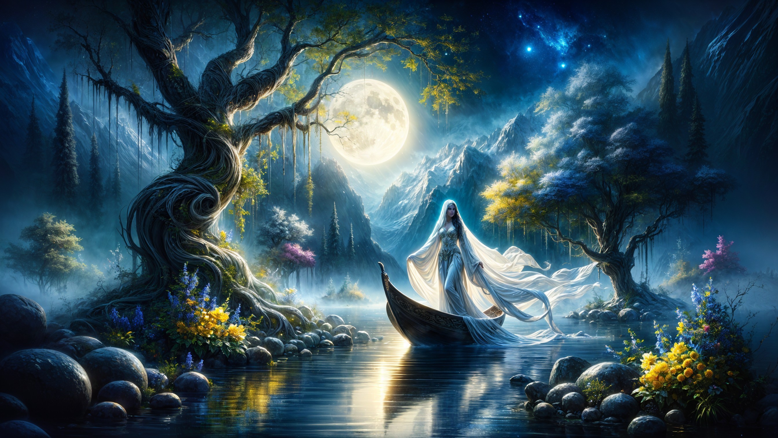 Mystical Scene with Full Moon Over Serene Water