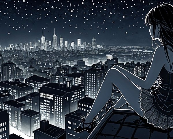 Girl on Rooftop Overlooking Starry City Skyline