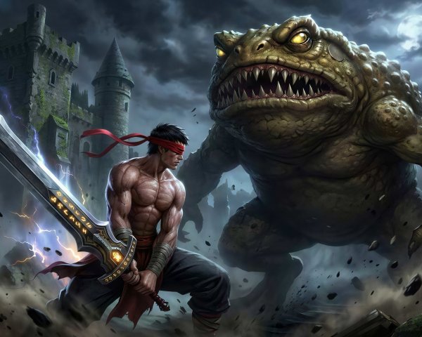 Muscular Blindfolded Warrior Facing Colossal Toad Creature