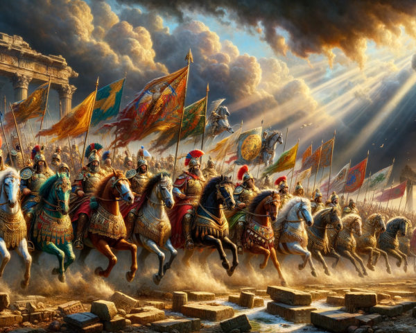 Ancient Army on Horseback in Dramatic Landscape