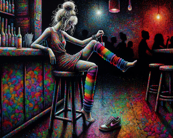 Psychedelic Bar Scene with Stylish Young Woman