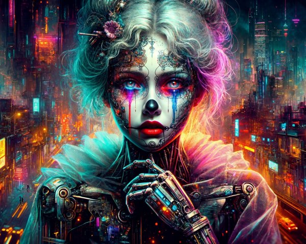 Cyborg Figure in Vibrant Cyberpunk Cityscape