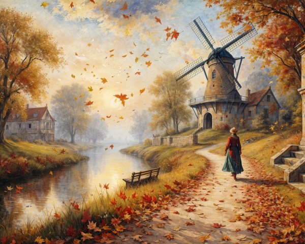 Autumn Landscape with Windmill and Flowing River