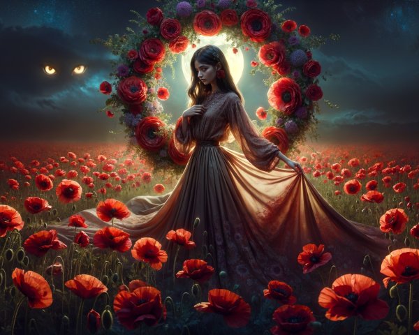 Mystical Scene in a Vibrant Poppy Field at Night