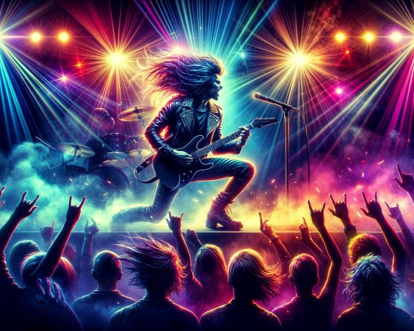 Vibrant Concert Scene with Guitarist and Cheerful Crowd