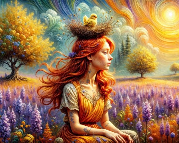 Young Woman with Nest in Vibrant Natural Landscape