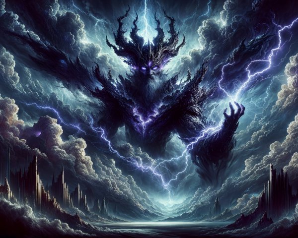 Otherworldly scene with dark clouds and lightning