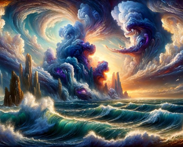 Seascape with Waves, Cliffs, and Dramatic Sunset