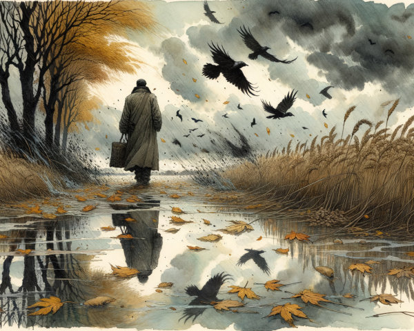 Solitary Figure Walking Along Autumn Pathway