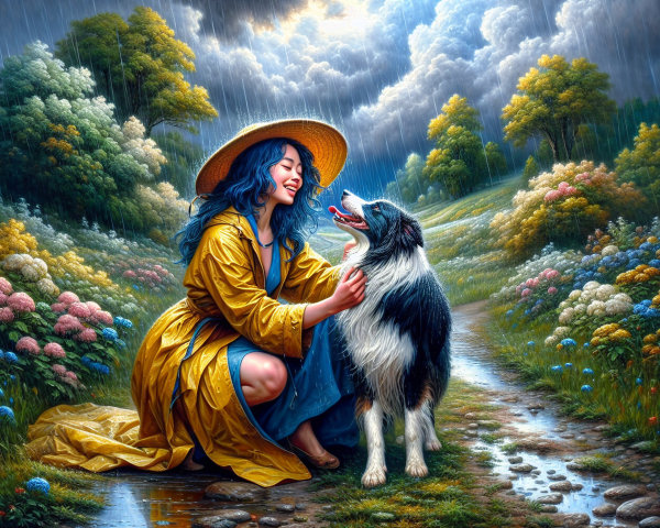 Woman in Yellow Raincoat with Border Collie in Nature