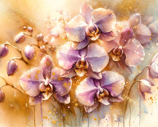 Watercolor Painting of Delicate Pink and Lavender Orchids