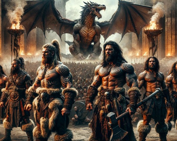 Muscular Warriors and Dragon in Epic Battle Scene