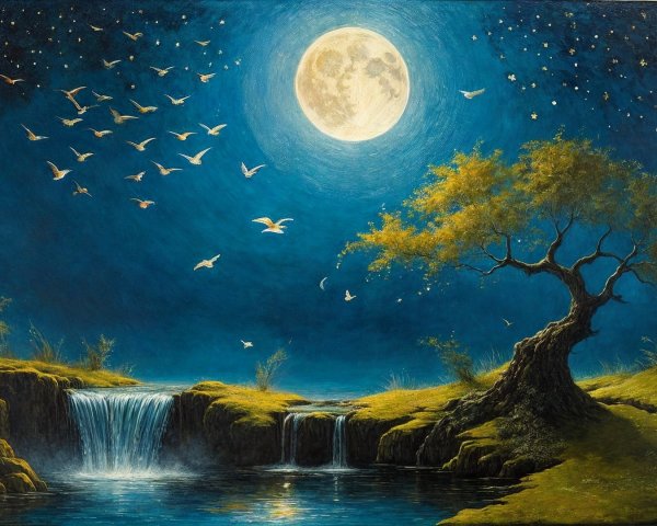 Serene Night Scene with Full Moon and Waterfalls