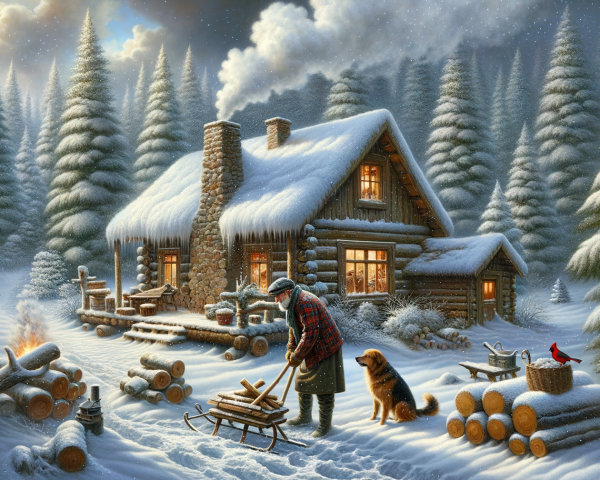 Cozy Log Cabin in a Snowy Winter Landscape