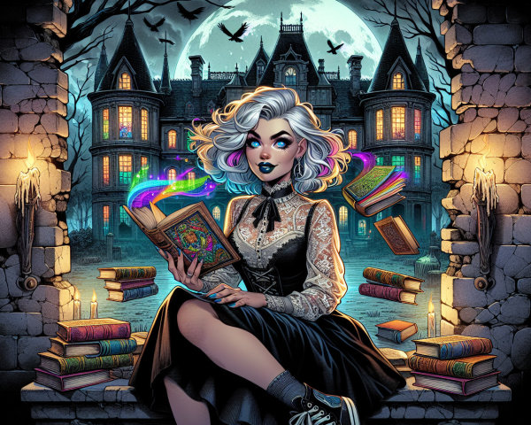 Silver-Haired Woman in Gothic Window with Magical Wisps