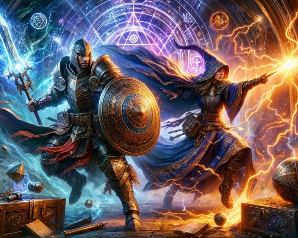 Warrior and Sorceress in Enchanted Battle Scene