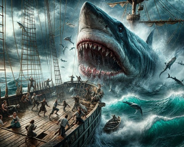 Stormy Sea Scene with Shark and Pirate Ship Chaos