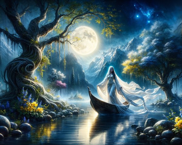 Mystical Scene with Full Moon Over Serene Water