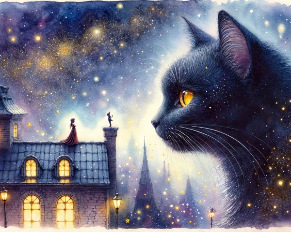 Ethereal Black Cat and Whimsical Rooftop Scene