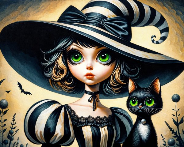 Whimsical Illustration of a Young Witch and Cat