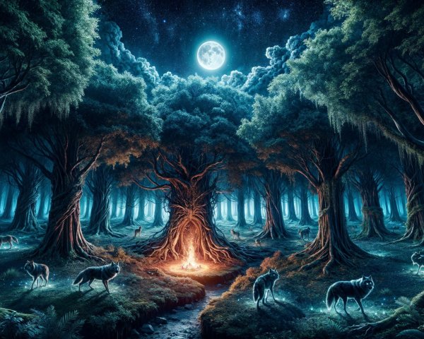 Mystical Forest with Full Moon and Enchanting Wildlife