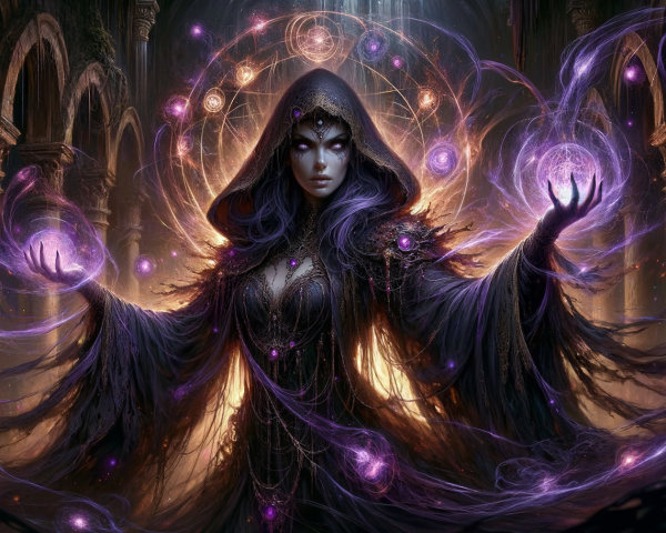 Mysterious sorceress conjures energy in ancient hall