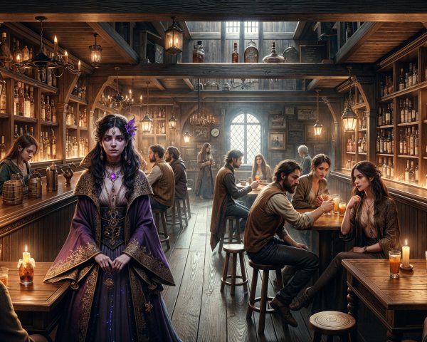 Cozy Tavern Atmosphere with Regal Woman in Gown