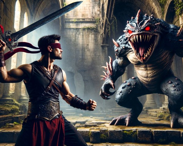 Warrior in Ancient Temple Faces Menacing Creature