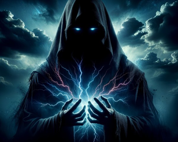 Mysterious Figure in Storm with Glowing Blue Eyes