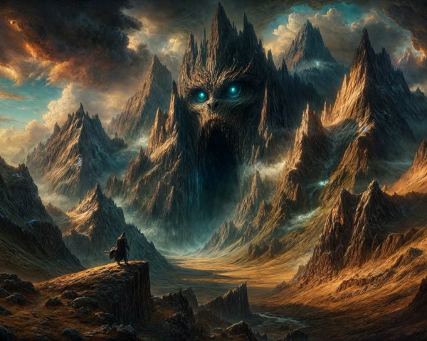 Dramatic Landscape with Mountains and Carved Face