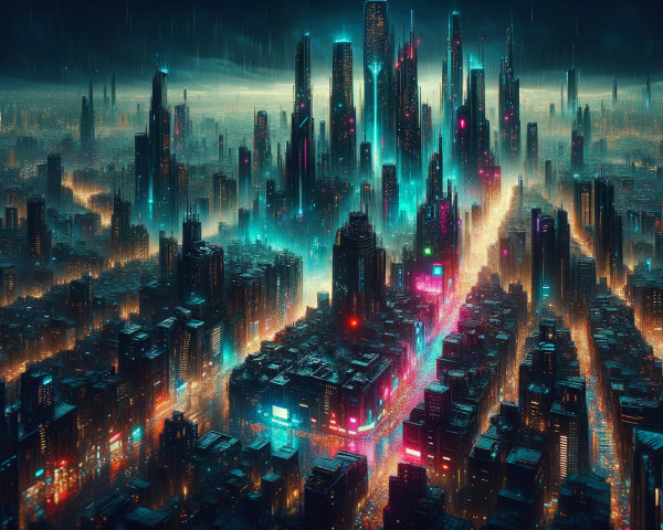 Futuristic Cityscape with Neon Lights and Skyscrapers