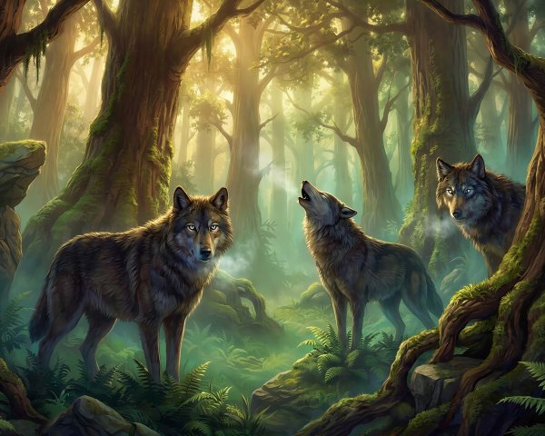 Wolves in a Misty Forest with Visible Breath