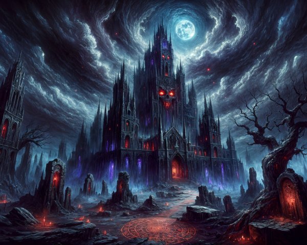 Gothic Castle in Dark Landscape with Ominous Clouds