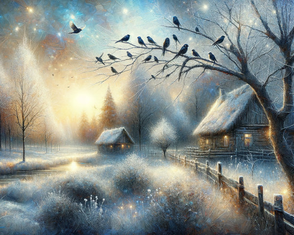 Serene Winter Landscape with Soft Blue and Gold Hues