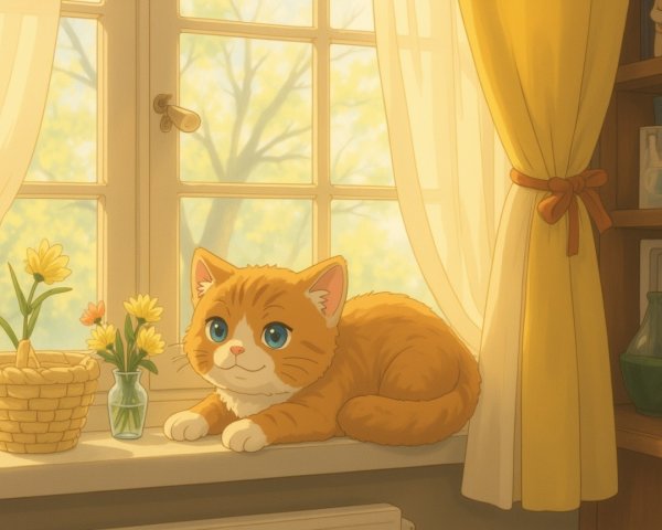 Fluffy Orange Cat on Windowsill in Sunlit Room
