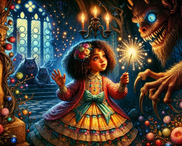 Young girl with wand in dark castle scene