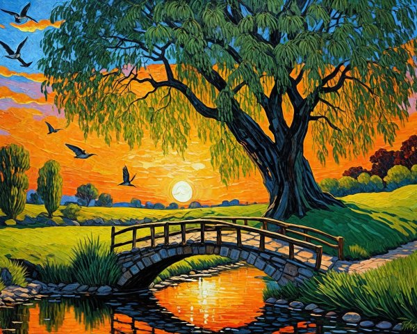 Vibrant Sunset Over Landscape with Tree and Pond
