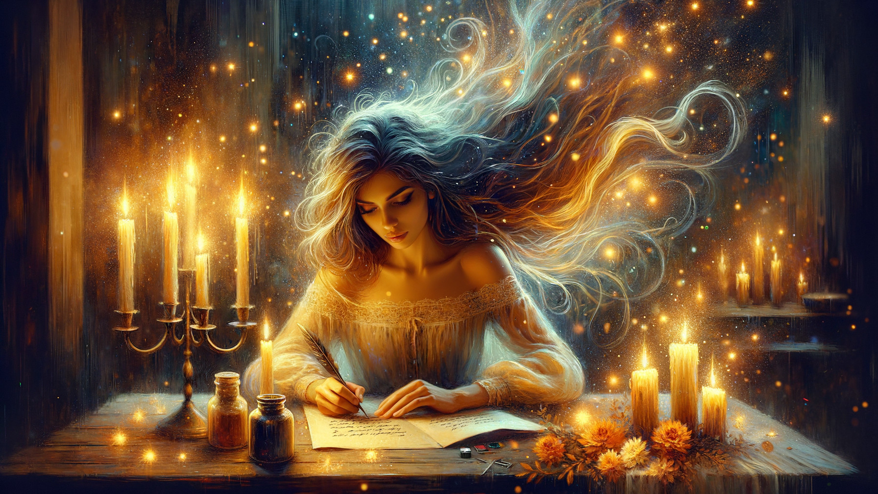 Young Woman Writing in a Serene, Candlelit Setting