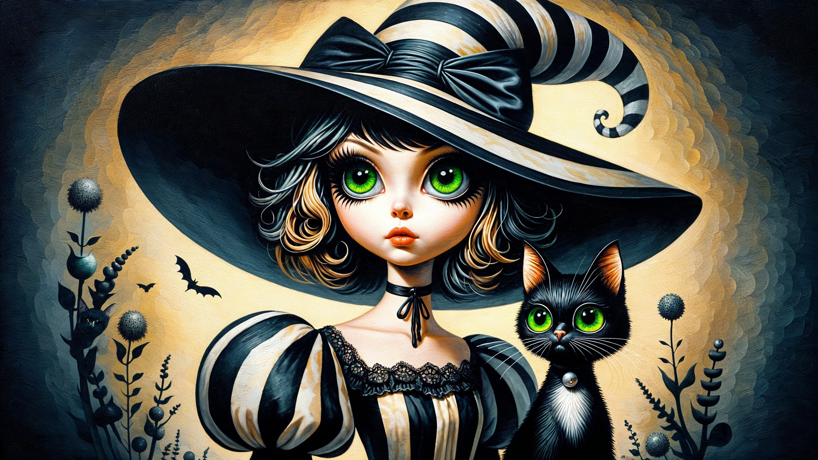 Whimsical Illustration of a Young Witch and Cat