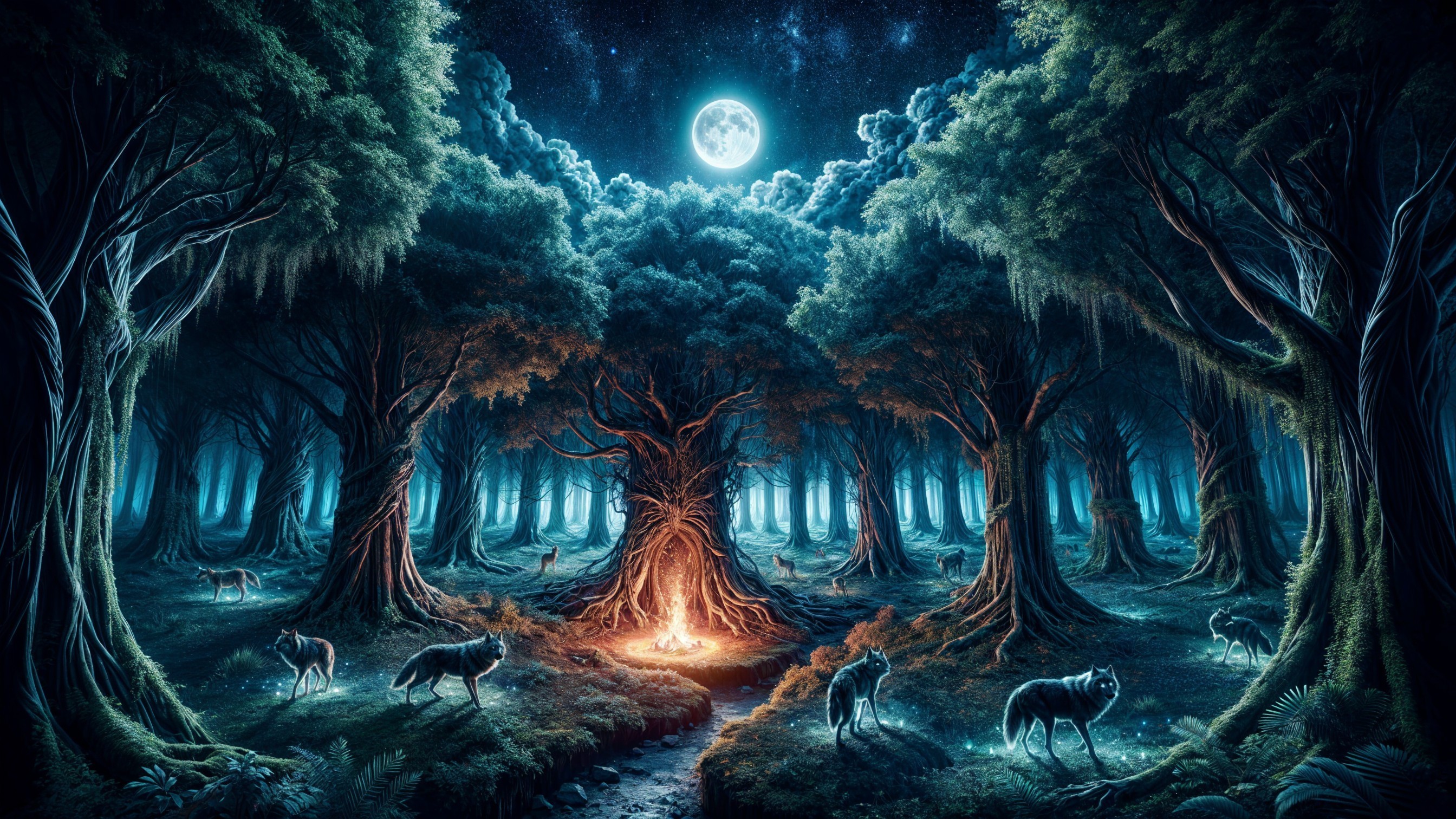 Mystical Forest with Full Moon and Enchanting Wildlife
