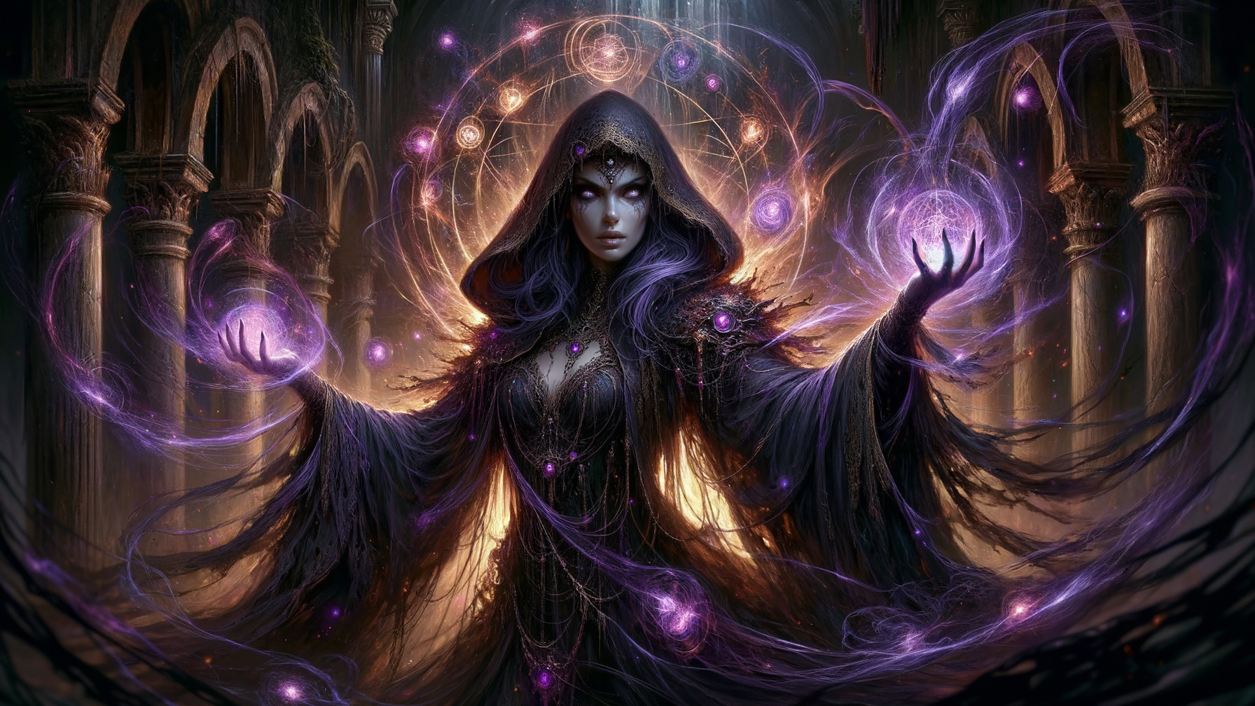 Mysterious sorceress conjures energy in ancient hall