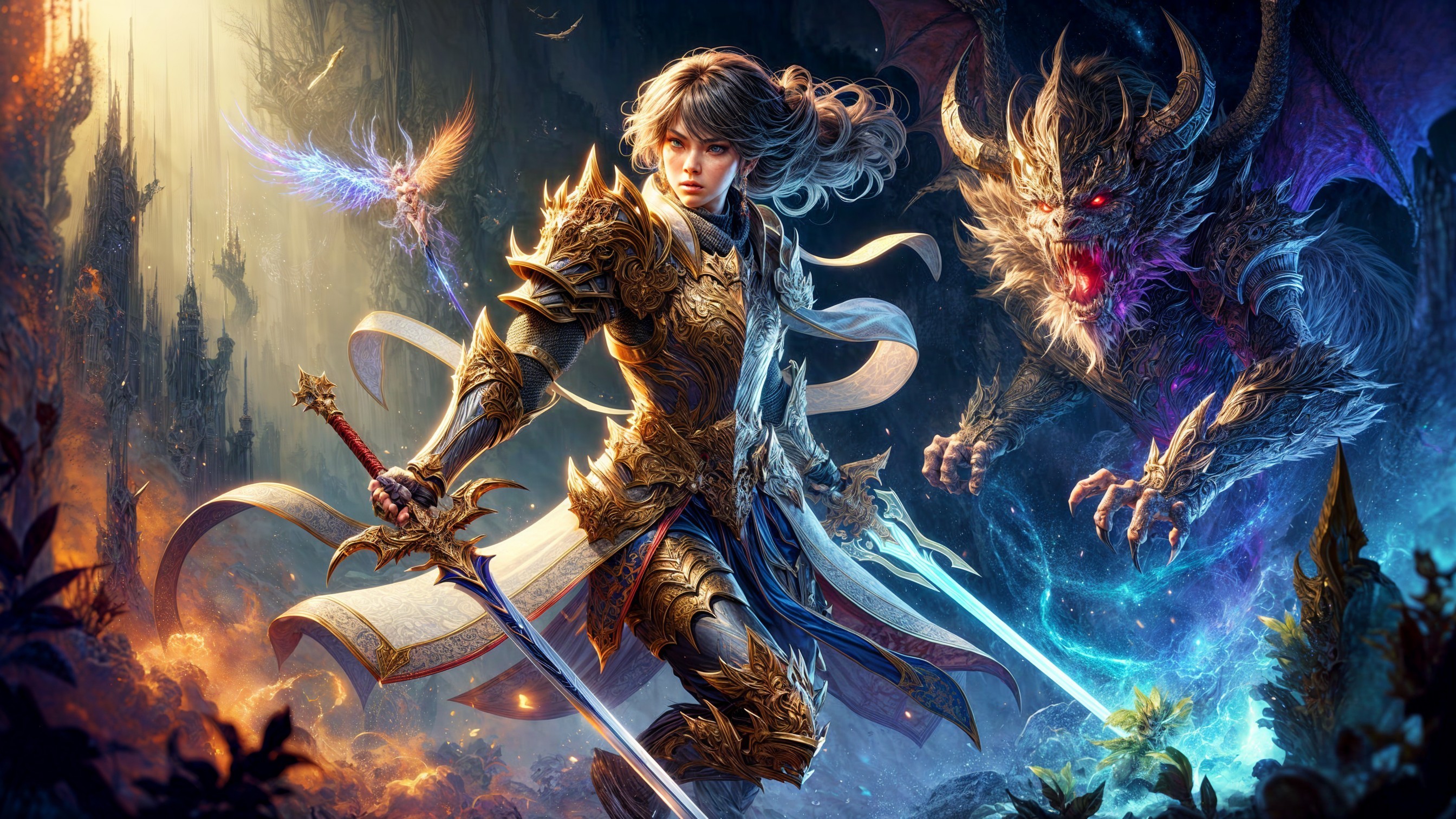 Heroic Figure in Armor with Sword and Dragon Scene