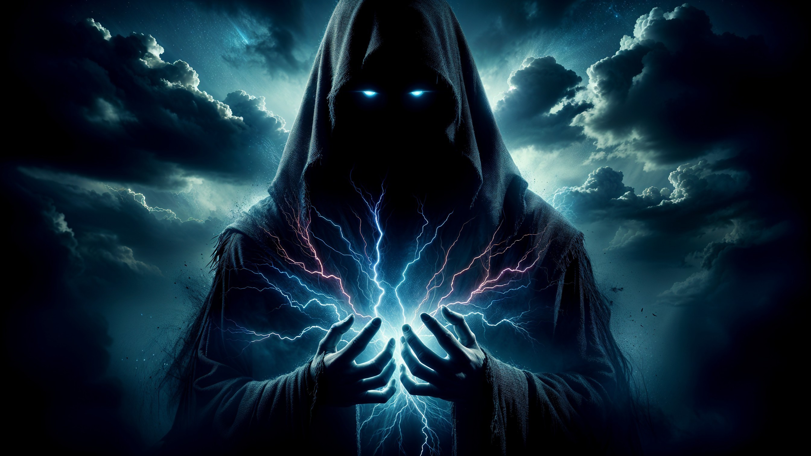 Mysterious Figure in Storm with Glowing Blue Eyes