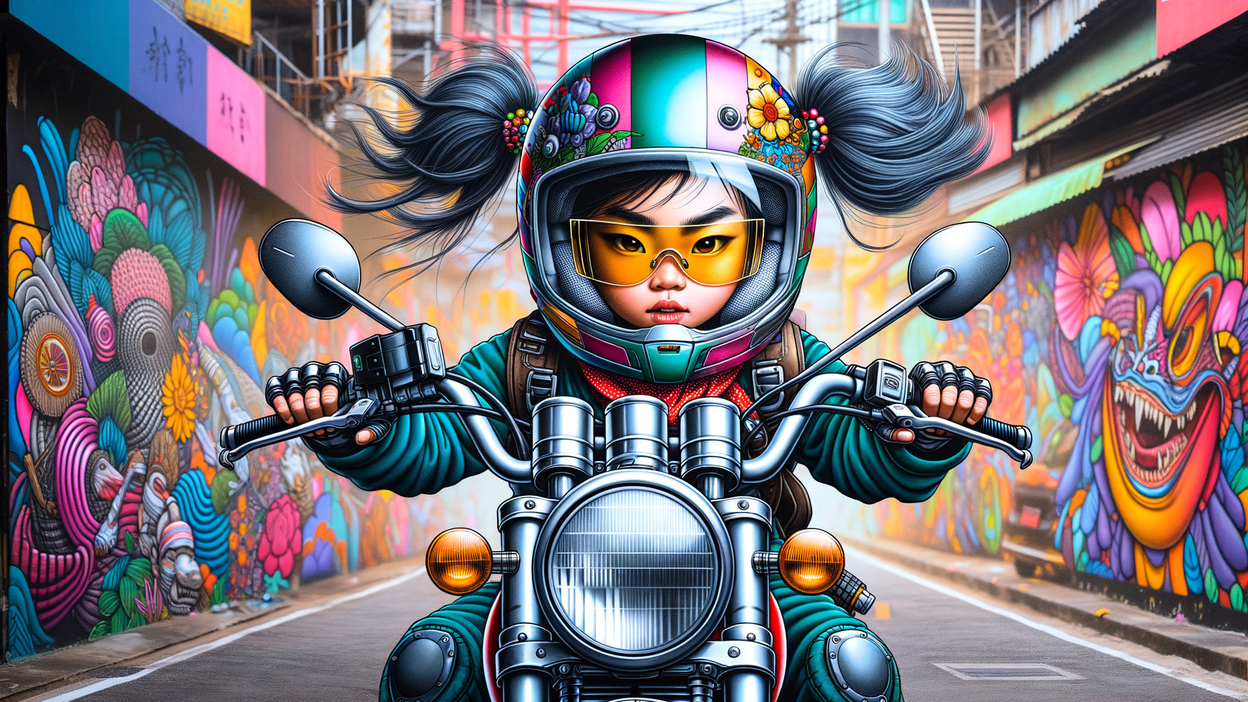 Cartoon Girl Riding Motorcycle in Colorful Street