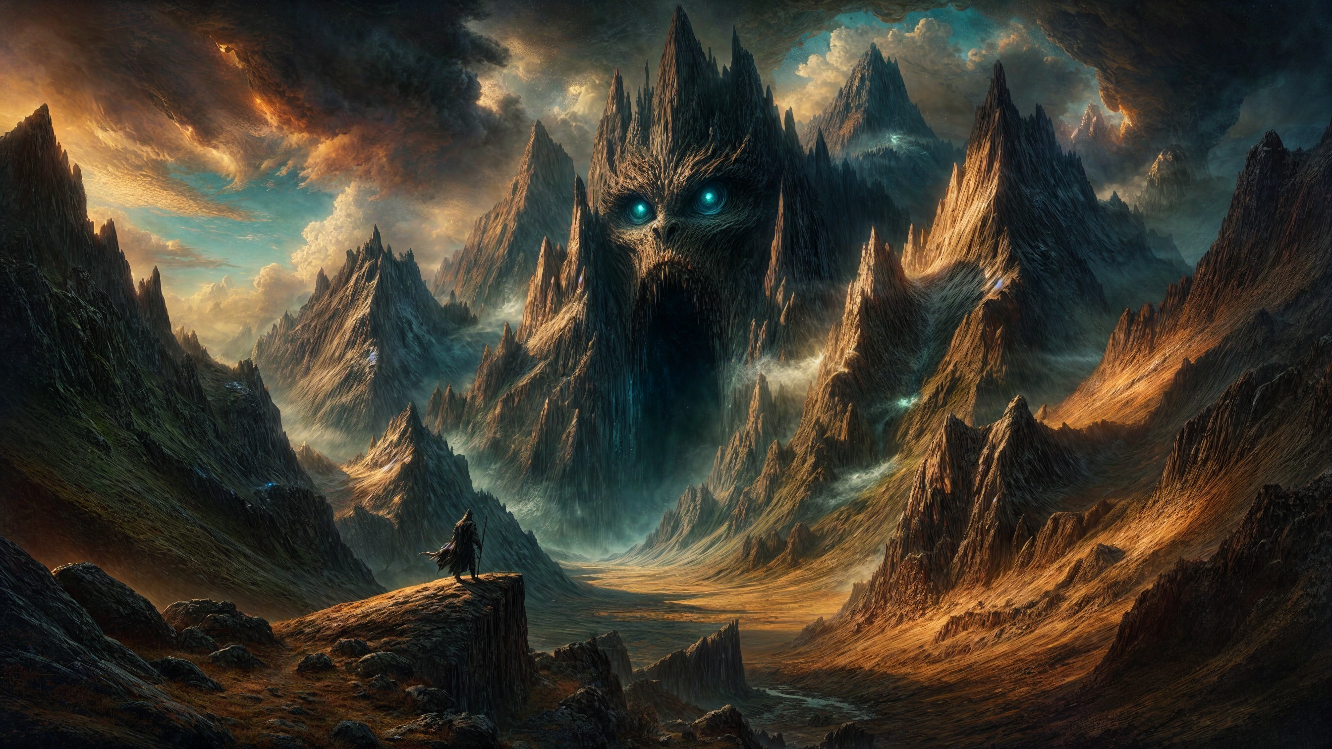 Dramatic Landscape with Mountains and Carved Face
