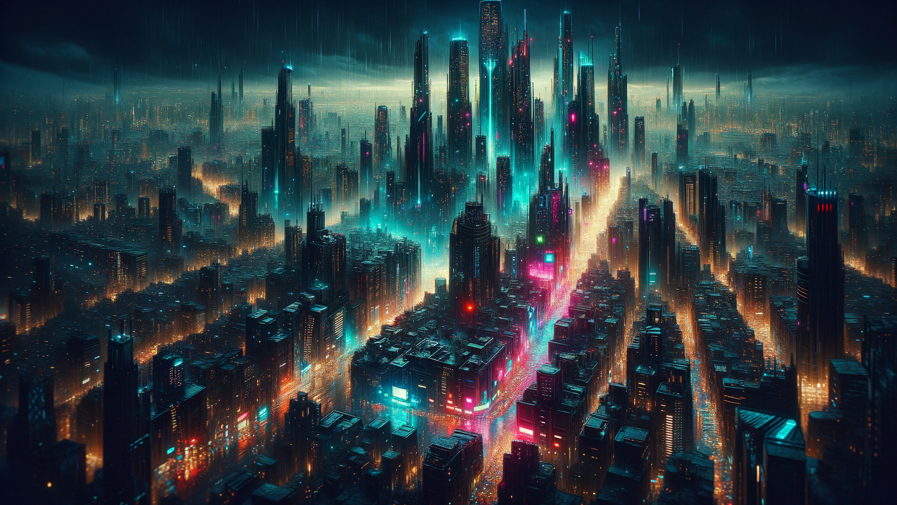 Futuristic Cityscape with Neon Lights and Skyscrapers