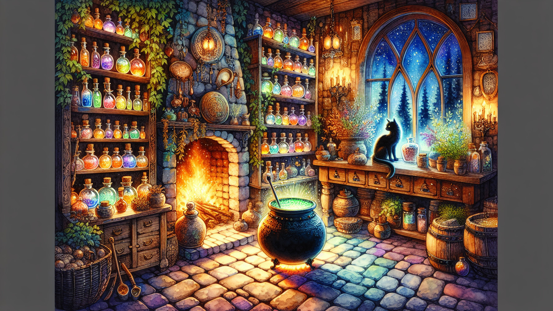 Cozy potion shop with colorful bottles and a cauldron