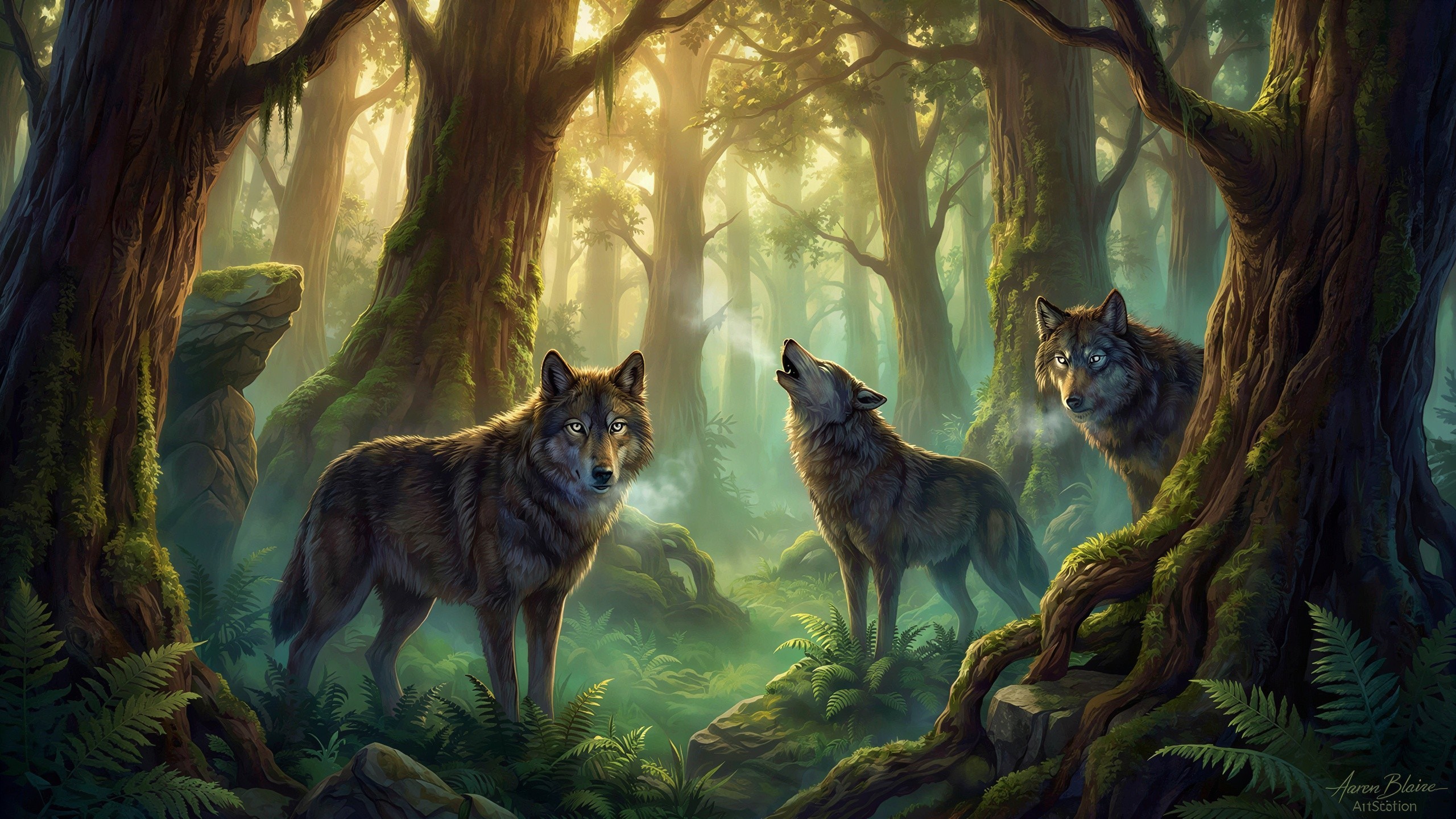 Wolves in a Misty Forest with Visible Breath