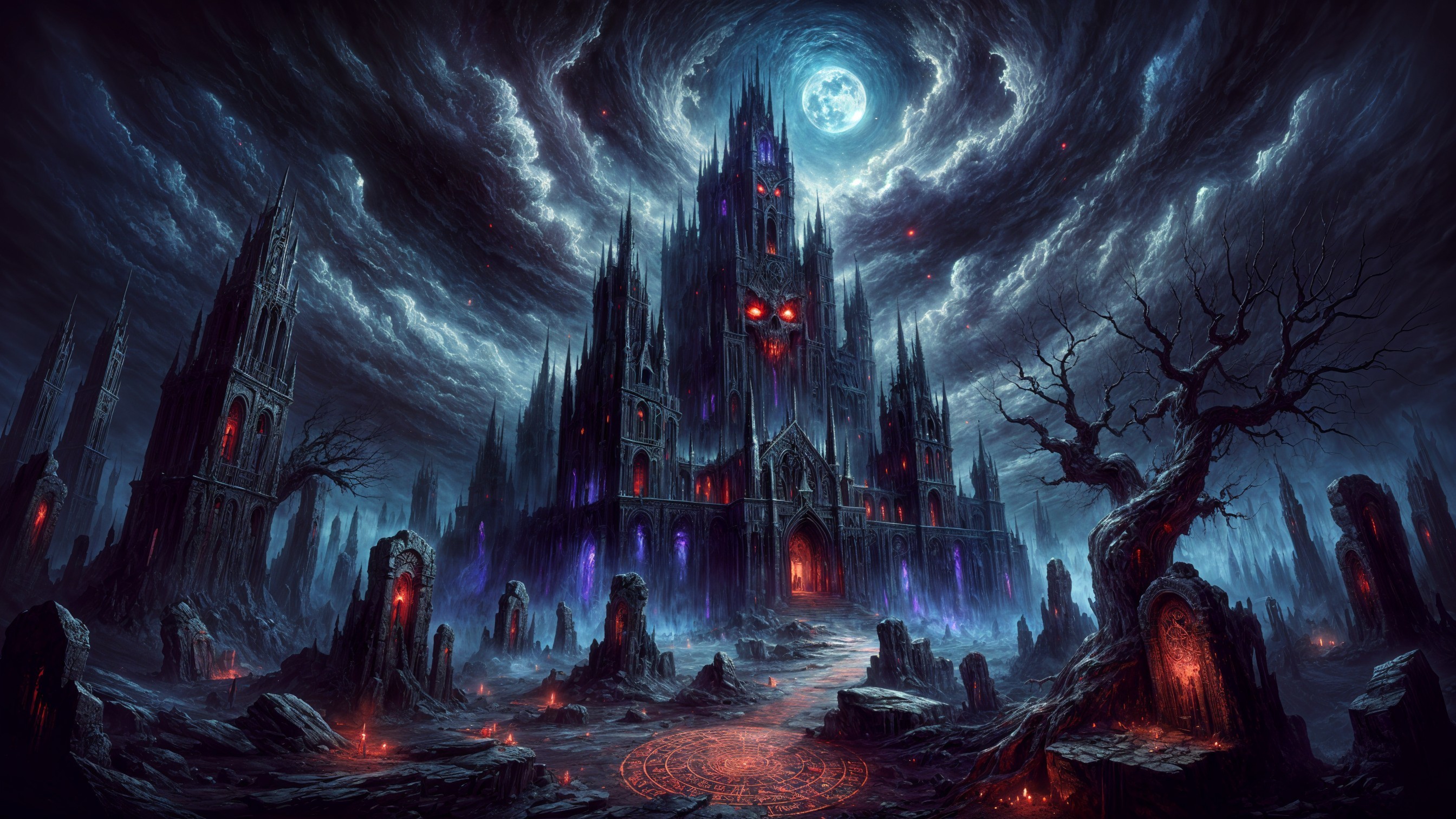 Gothic Castle in Dark Landscape with Ominous Clouds