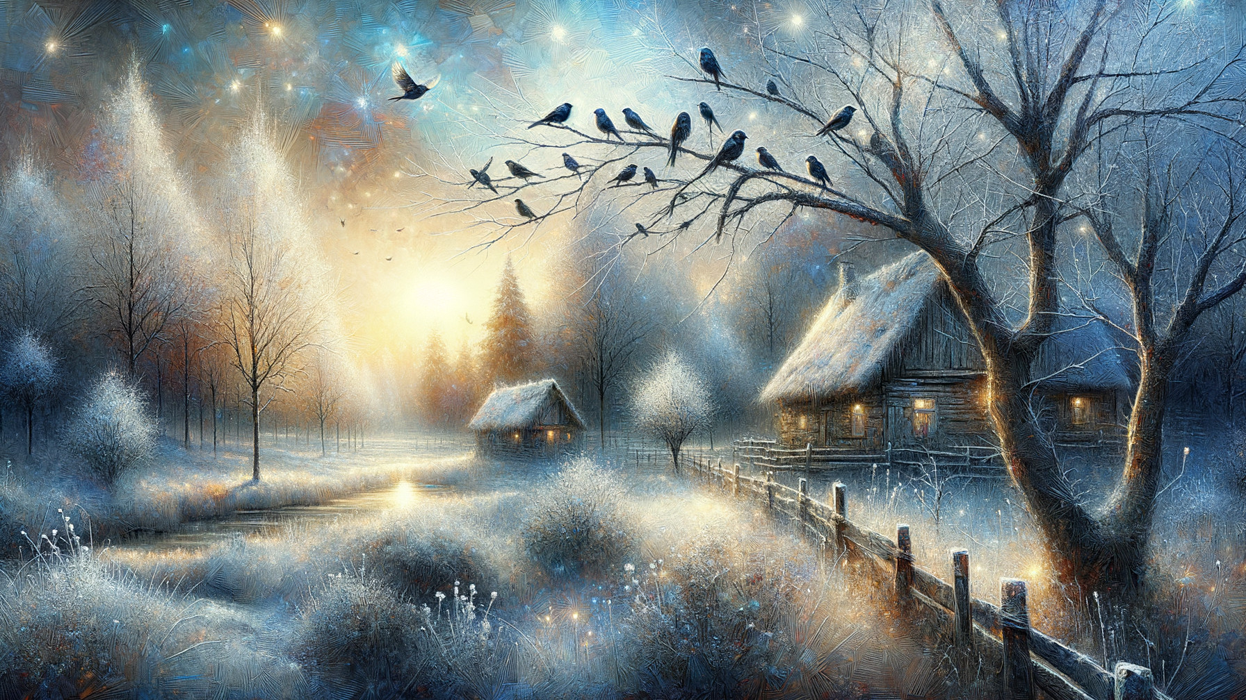 Serene Winter Landscape with Soft Blue and Gold Hues